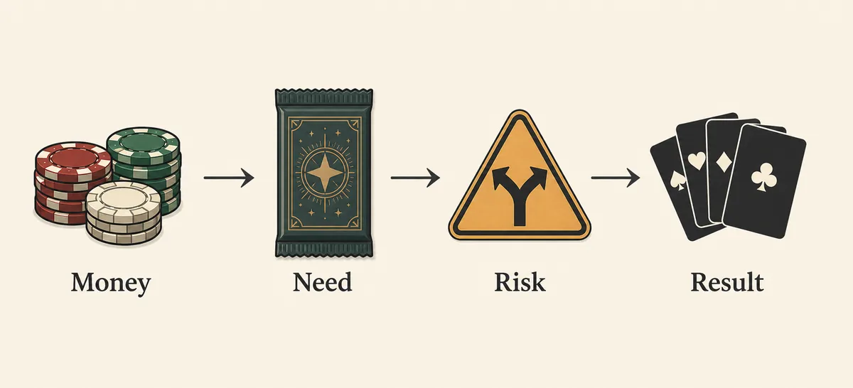 Editorial flow graphic for deciding whether to buy an Arcana Pack in Balatro