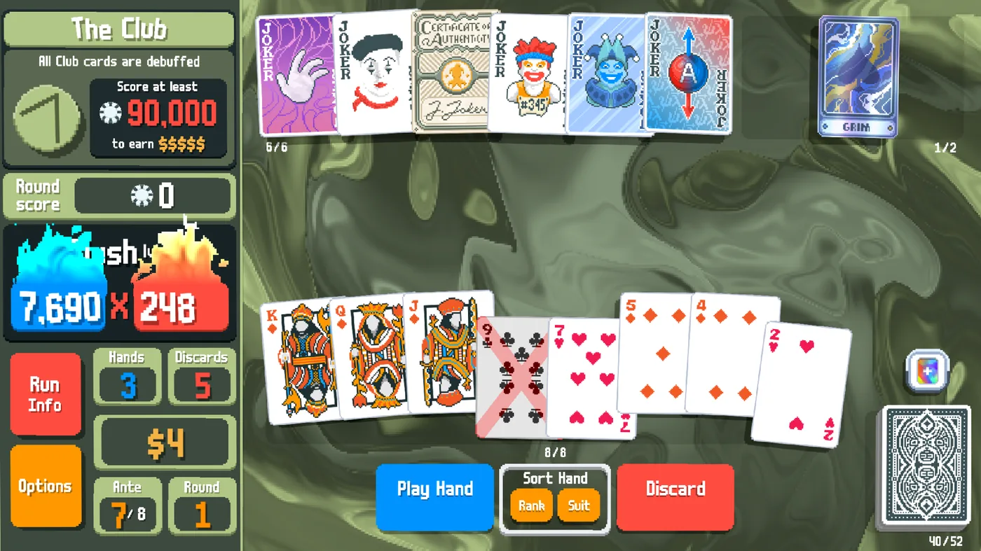 Official Balatro screenshot showing The Club Boss Blind, a debuffed playing card, and a six-Joker row