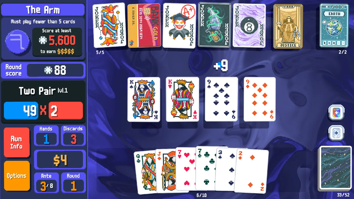 Official Balatro gameplay screenshot showing a left-to-right Joker row and active score panel