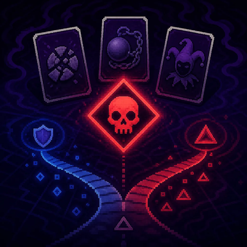 Editorial illustration of a Balatro Boss Blind decision splitting into a safe route and a risky route