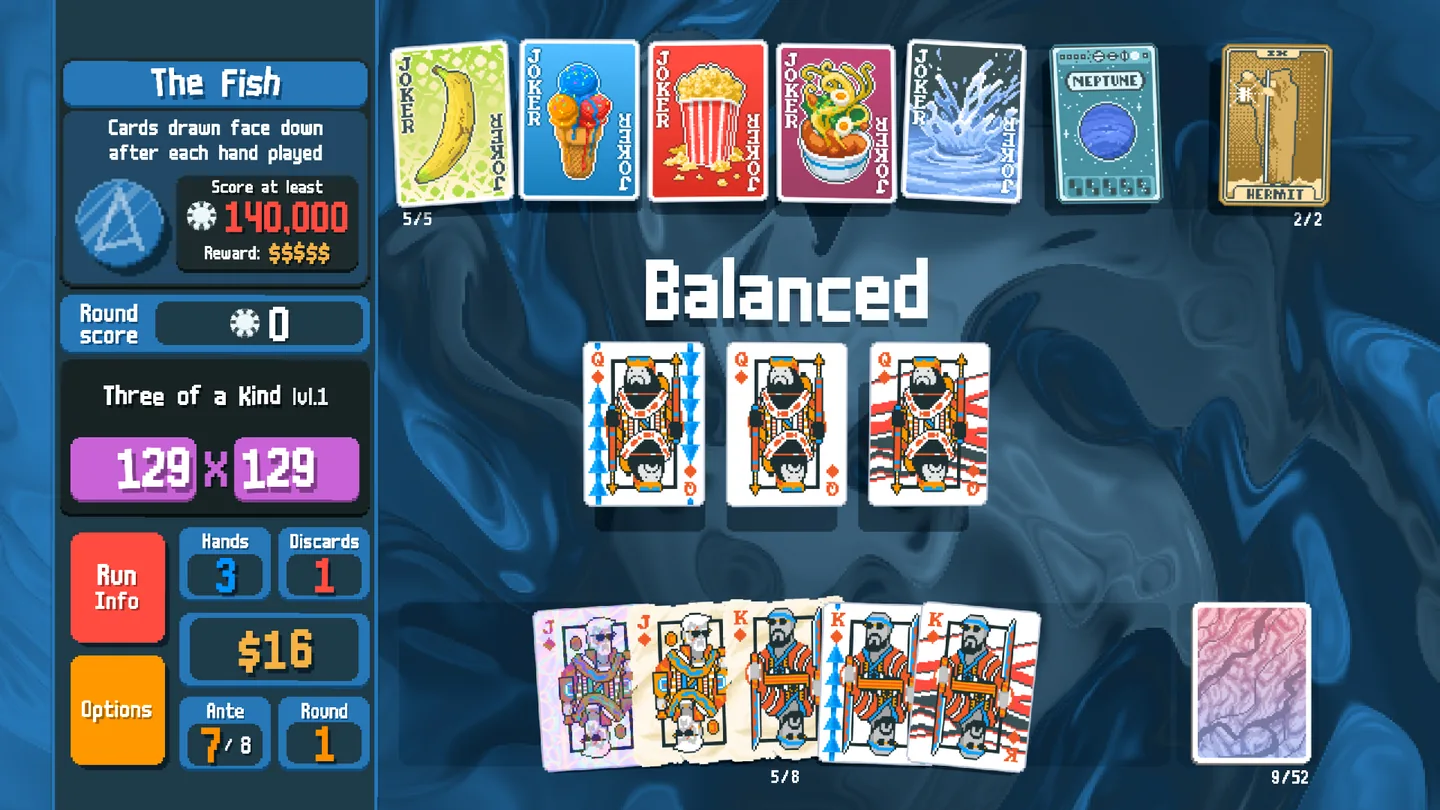 Official Balatro press-kit screenshot showing The Fish Boss Blind with face-down draws