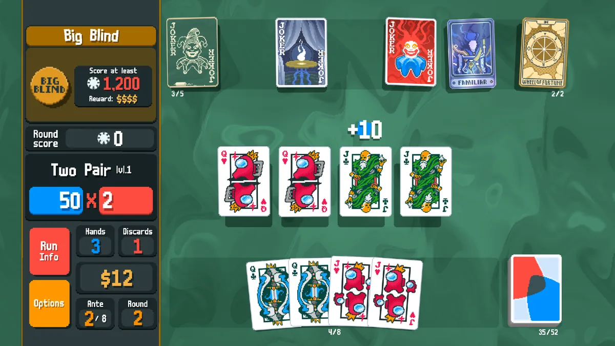 Official Balatro gameplay screenshot showing modified playing cards in a scoring hand