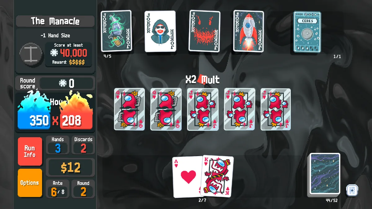 Official Balatro gameplay screenshot showing playing cards with visible modifiers and a Glass-style x2 Mult effect
