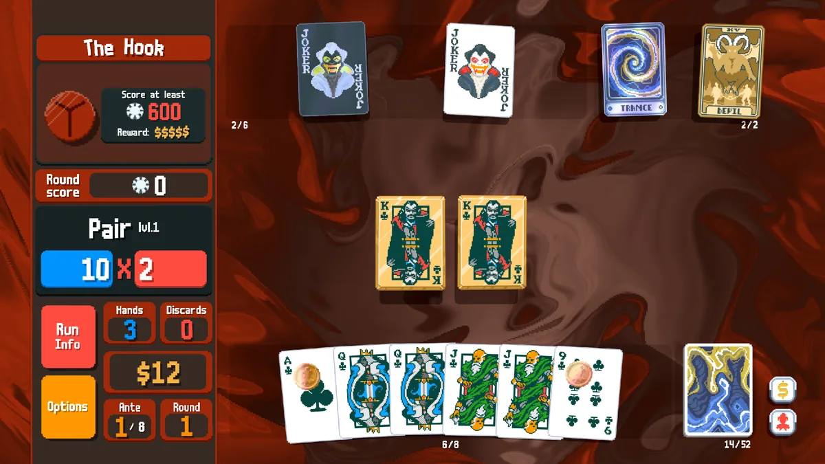 Official Balatro gameplay screenshot showing playing cards with distinct visual modifier treatments