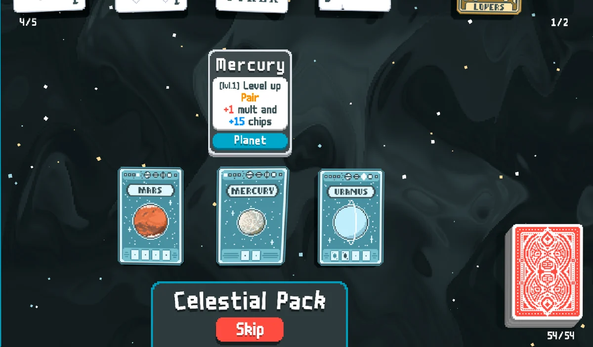 Official Balatro screenshot showing a Celestial Pack with Mercury, Mars and Uranus Planet cards