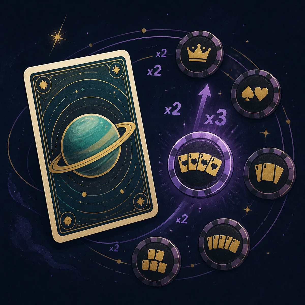 Editorial illustration of a Planet card orbiting Balatro poker-hand symbols