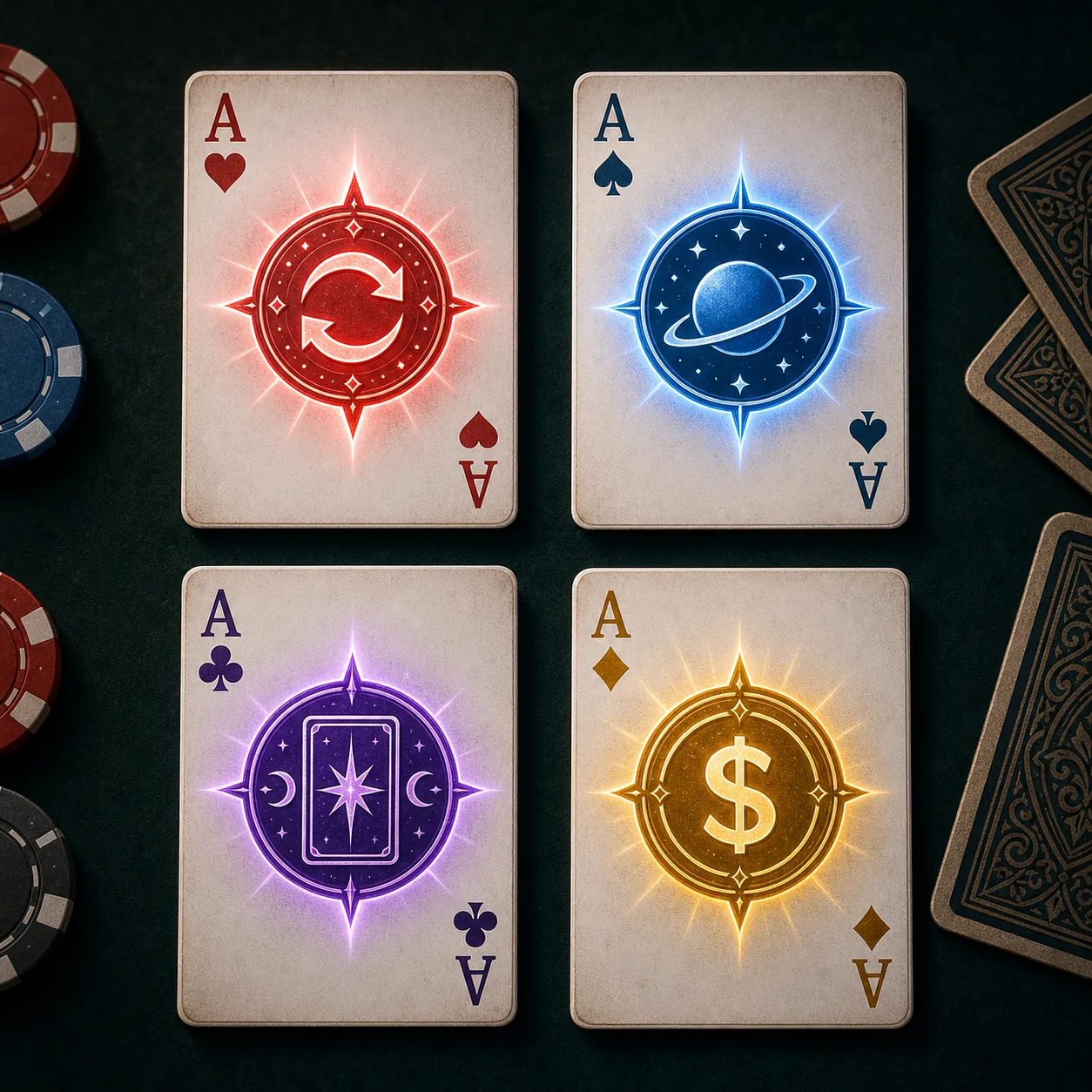 Editorial illustration of four Balatro playing cards with red, blue, purple and gold seal emblems