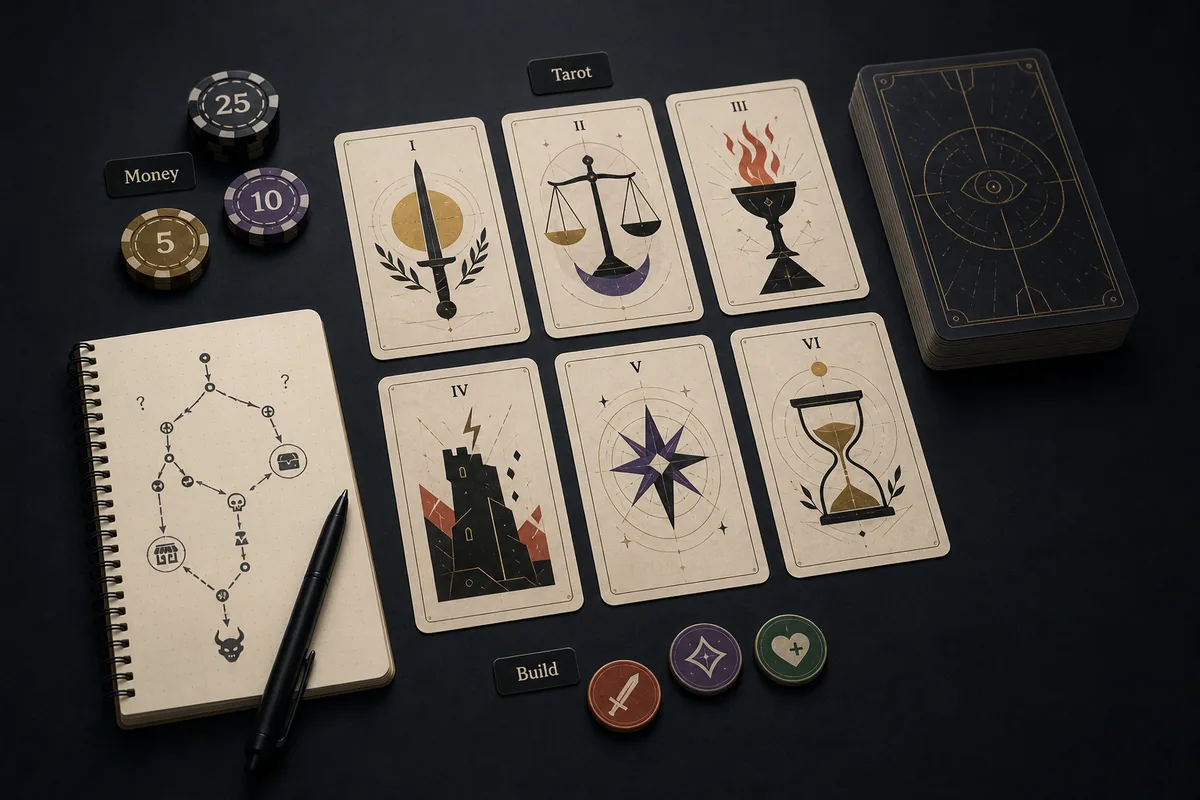 Editorial illustration of Balatro tarot card planning with chips, cards and a route notebook