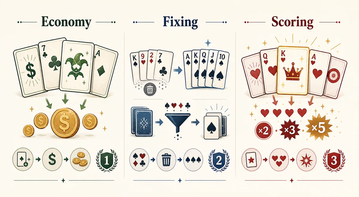 Editorial comparison graphic grouping Balatro tarot card choices into economy, fixing and scoring