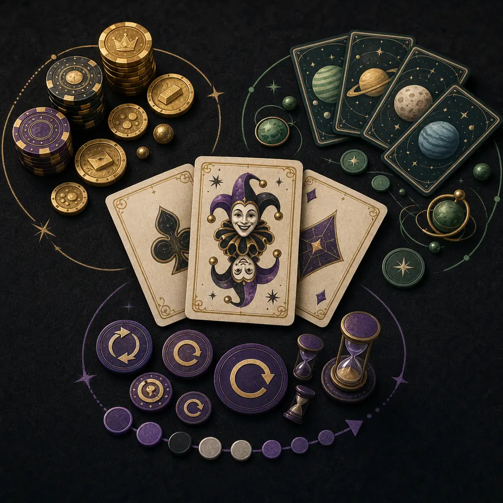 Editorial illustration of Balatro voucher priority groups for economy, planets and rerolls