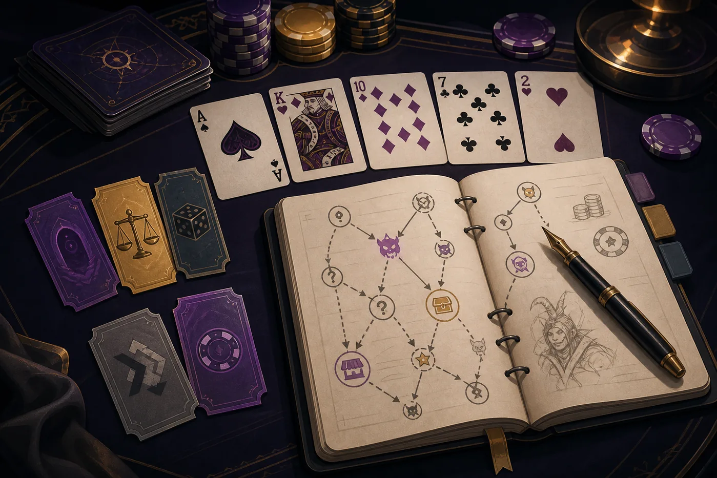 Editorial illustration of Balatro voucher planning with cards, chips and shop tickets