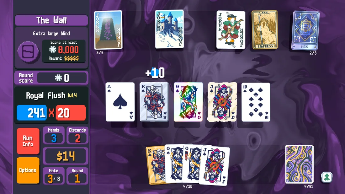 Official Balatro gameplay screenshot showing a Royal Flush score