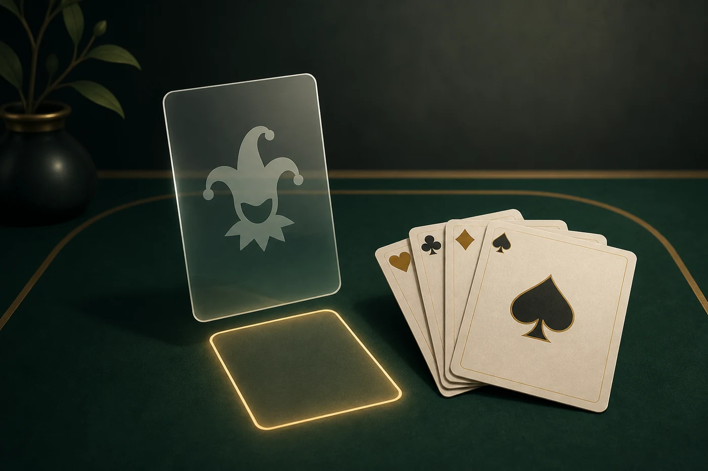 Illustration of a translucent Joker card beside playing cards and an empty slot