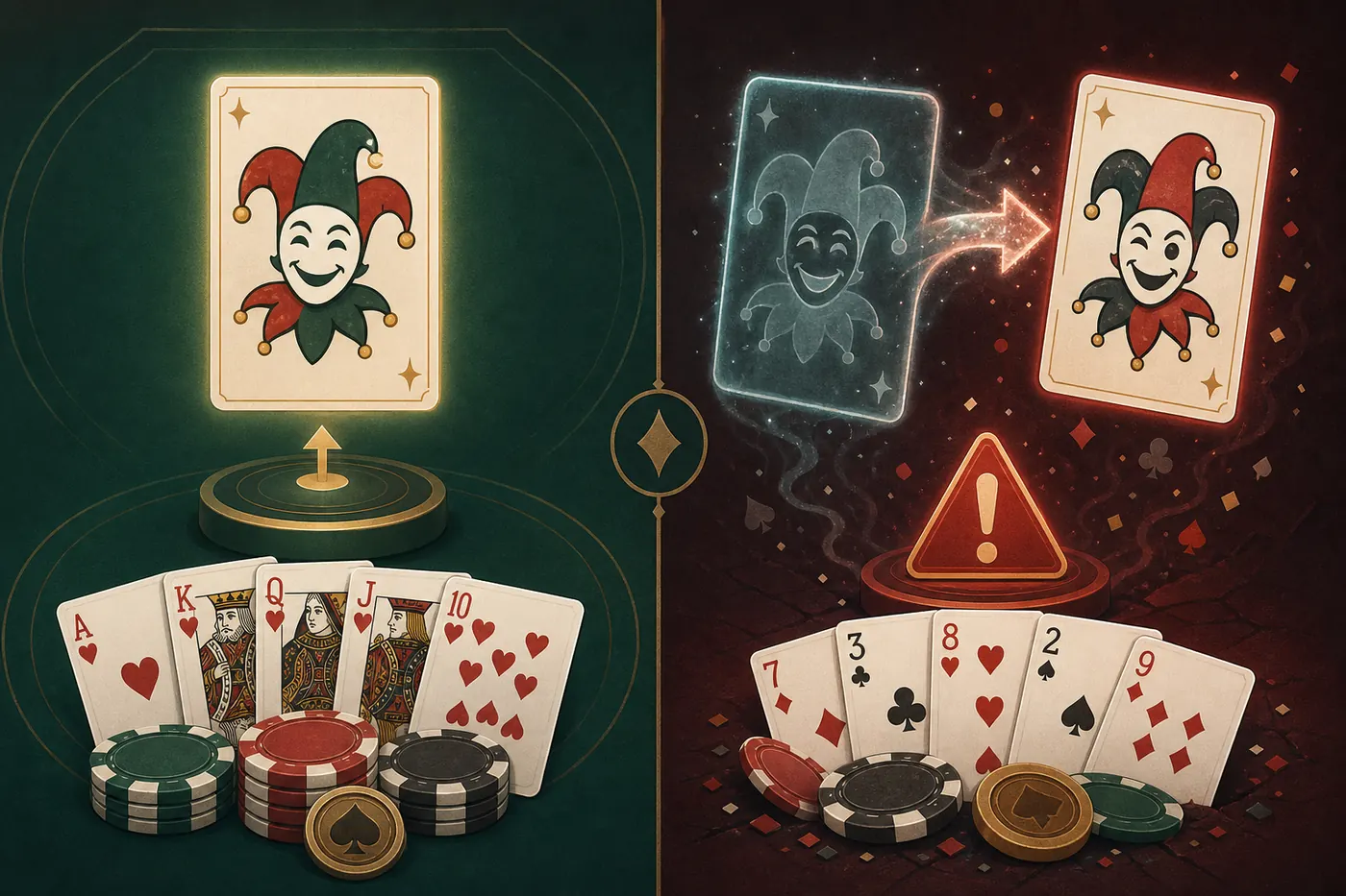 Illustrated comparison between a stable Joker build and a risky random duplicate decision