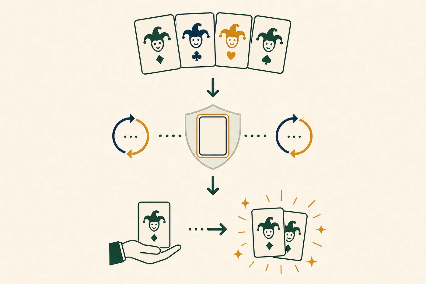 Illustrated flow showing four Joker cards, a protected slot, two rounds, and a duplicated Joker